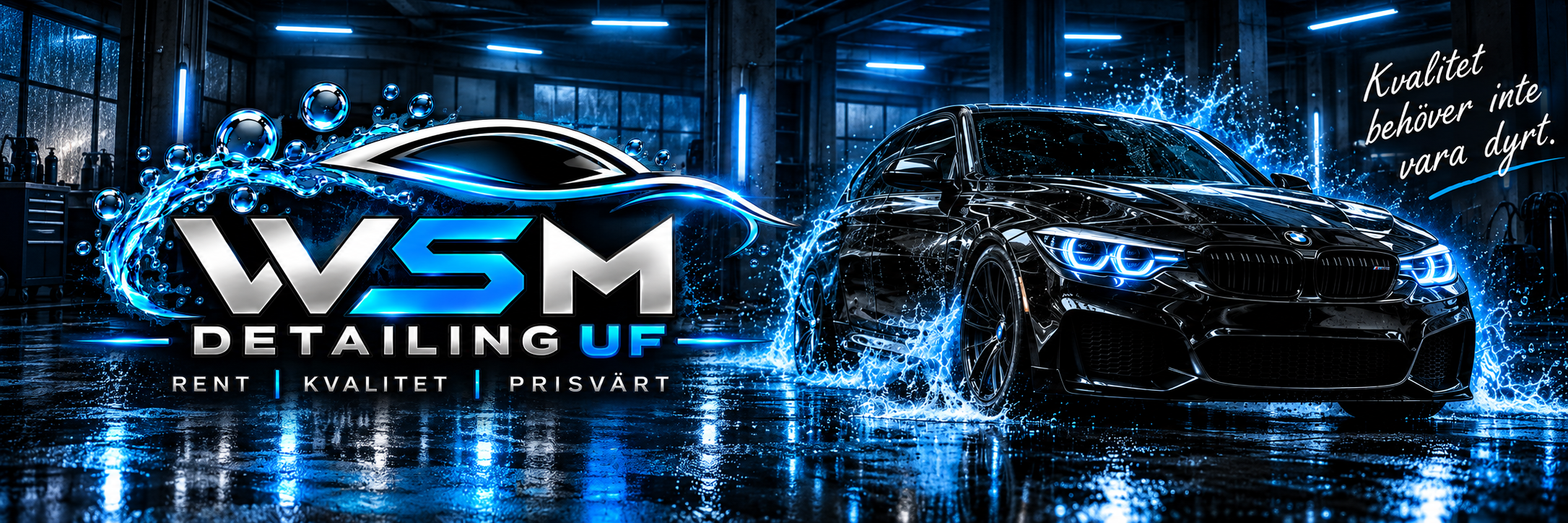 WSM Detailing UF med svart bil, blå vattenstänk och garagebakgrund